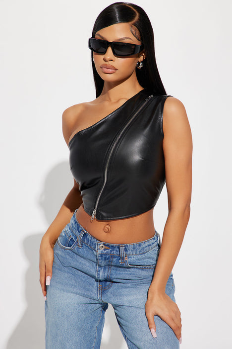 Faux Leather Long Sleeve Zip Up Crop Top - Black