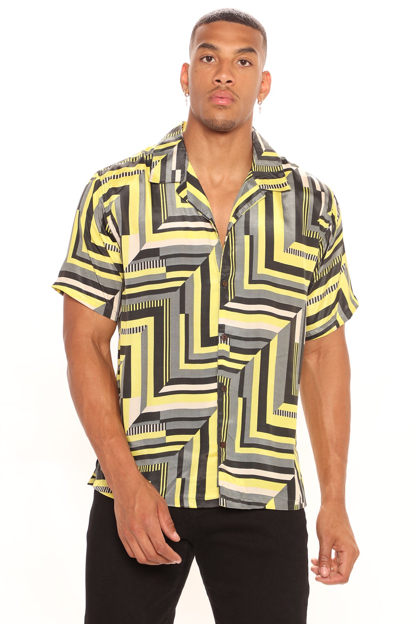 Zig Zag Short Sleeve Woven Top - Yellow/combo | Fashion Nova, Mens