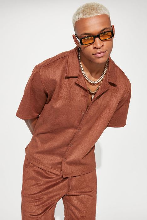 Like A Shadow Printed Emboss Faux Suede Shirt - Chocolate