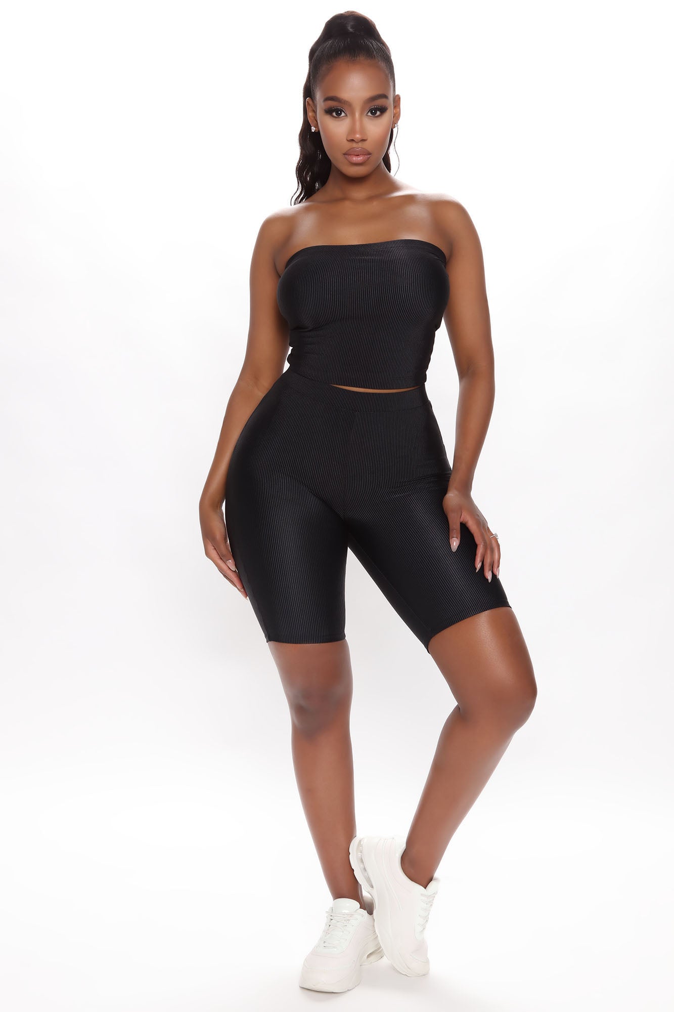 Crop Top And Biker Short Set - Black - 2 Pcs