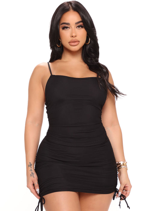 Shape Black Strappy Ruched Mesh Bodycon Dress