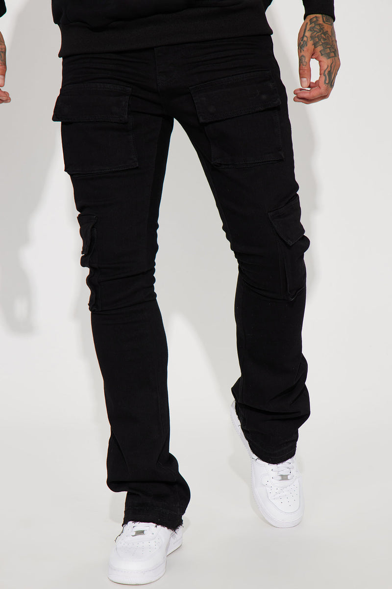 On The Rise Stacked Skinny Flare Cargo Jeans - Black | Fashion Nova ...