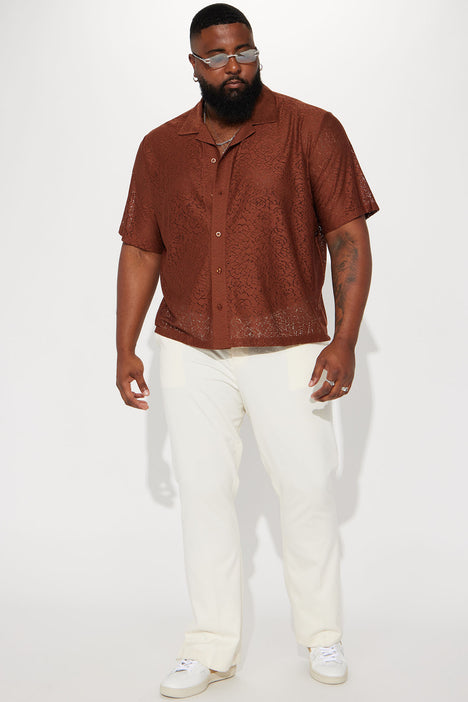 Garden OF Eden Knit Short Sleeve Cuban Shirt - Brown | Fashion