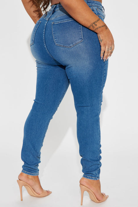 Emerie Knee Slit Mid Rise Skinny Jeans - Medium Wash