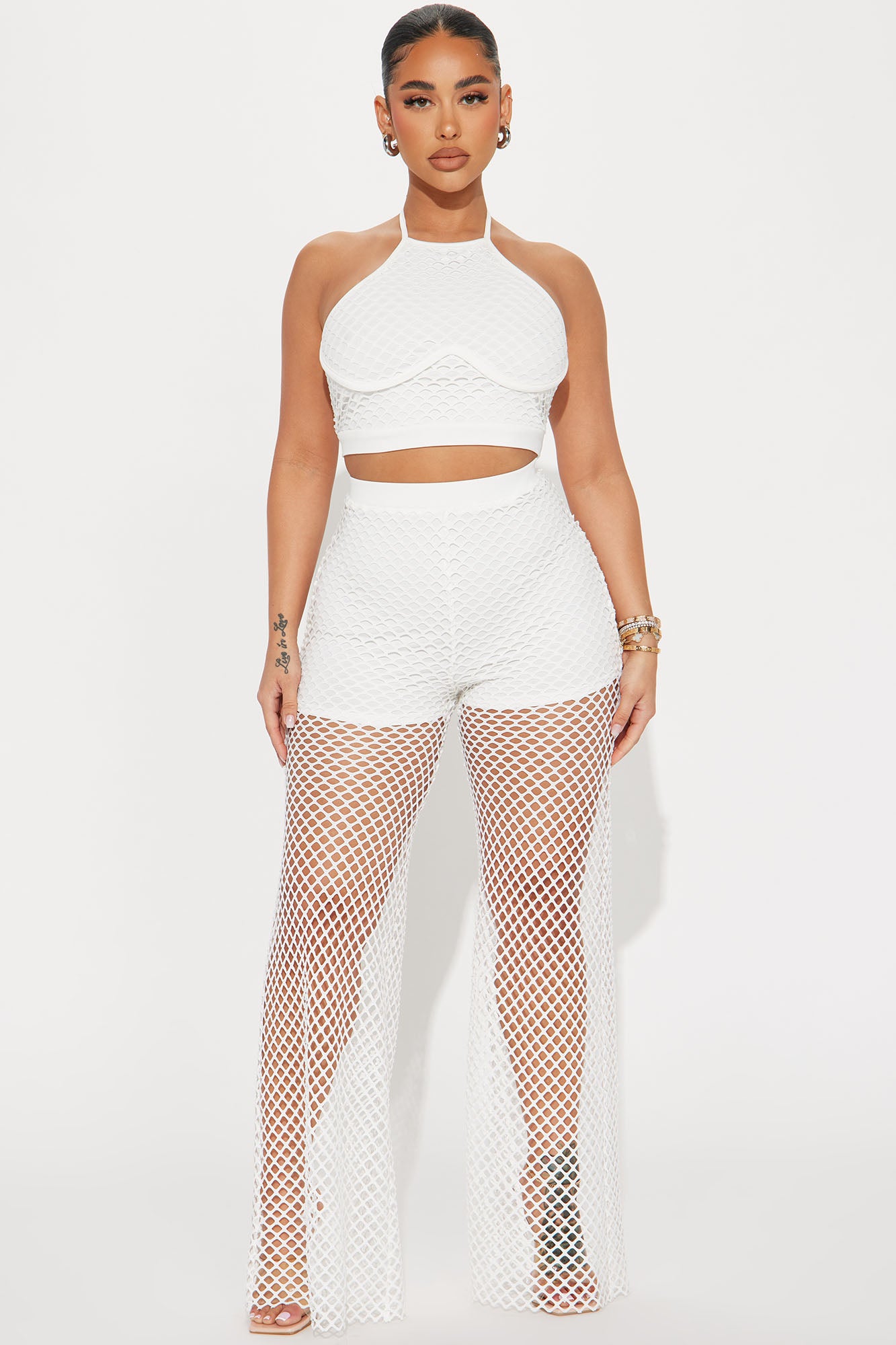Feeling Fine Fishnet Pant Set - White, Fashion Nova, Matching Sets