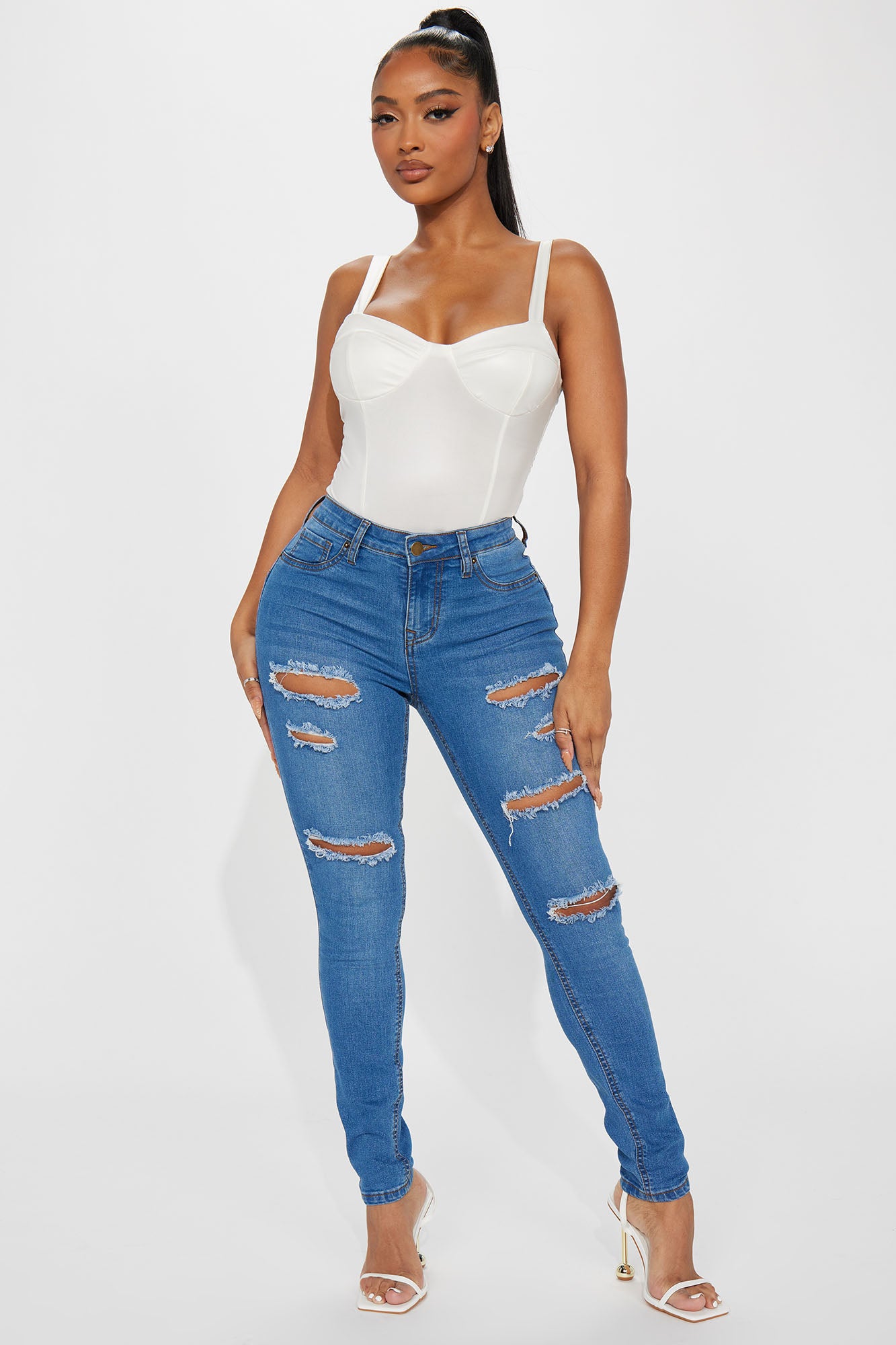 Sydney Booty Lifting Ripped Mid Rise Stretch Skinny Jeans - Medium Wash, Fashion Nova, Jeans