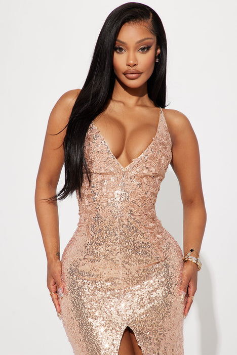 Women's Your Flower Gem Sequin Gown Dress in Gold Size Xs by Fashion Nova