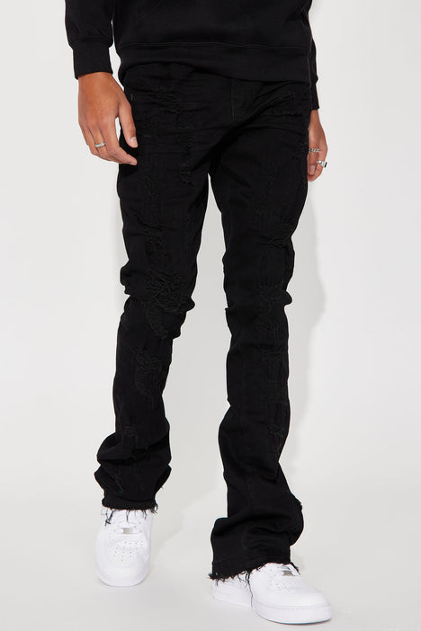 On The Scene Ripped Stacked Skinny Flare Jeans - Black