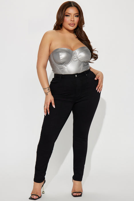 Valentina Metallic PU Corset Bodysuit - Silver, Fashion Nova, Bodysuits