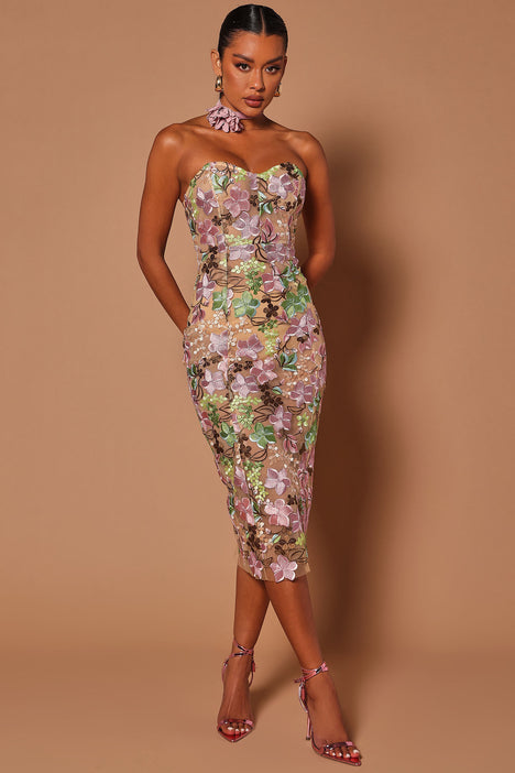 Floral Bustier A Line Midi Dress Pink - Luxe Floral Dresses and Luxe Party  Dresses