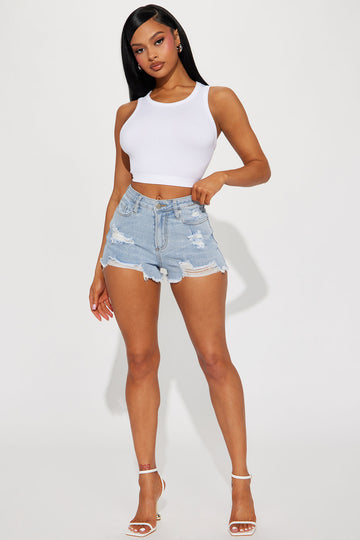 Image of Just My Type Ripped Stretch Denim Shorts - Light Wash