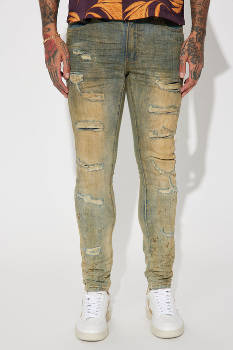 Bleach Spotted Ripped Knee Stacked Skinny Jeans - Light Wash