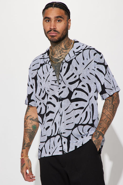 Black Exclusive Leaf Pattern Short Sleeve Button Up Hawaiian Shirt