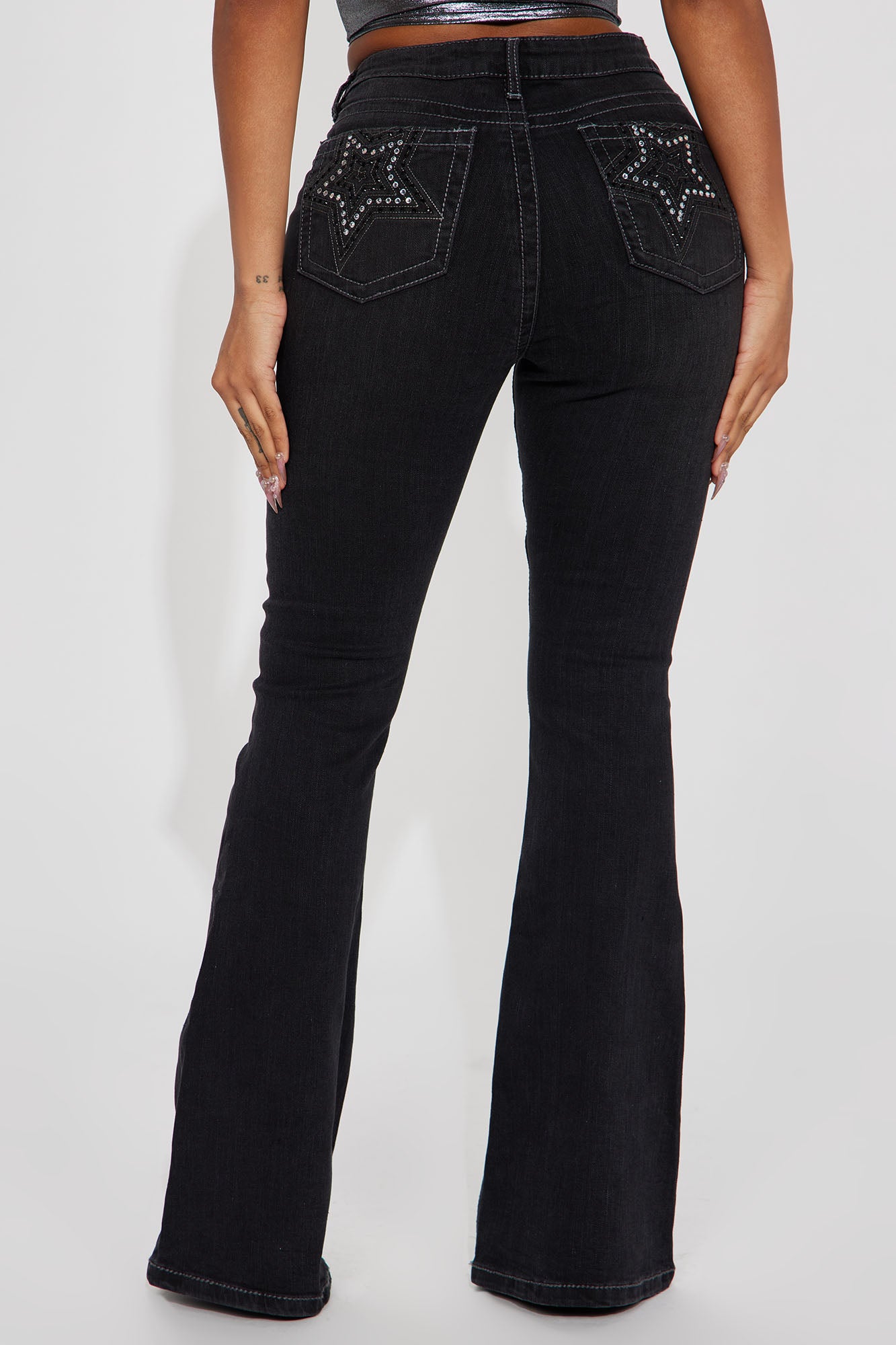 Wish On A Star Embellished Stretch Flare Jean - Black, Fashion Nova, Jeans