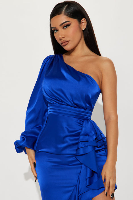 Satin Maxi Dress- Royal Blue- 1X (14/16) by Fashion Nova. high stretch