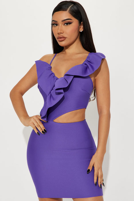 Purple midi one shoulder dress with small cut out and split