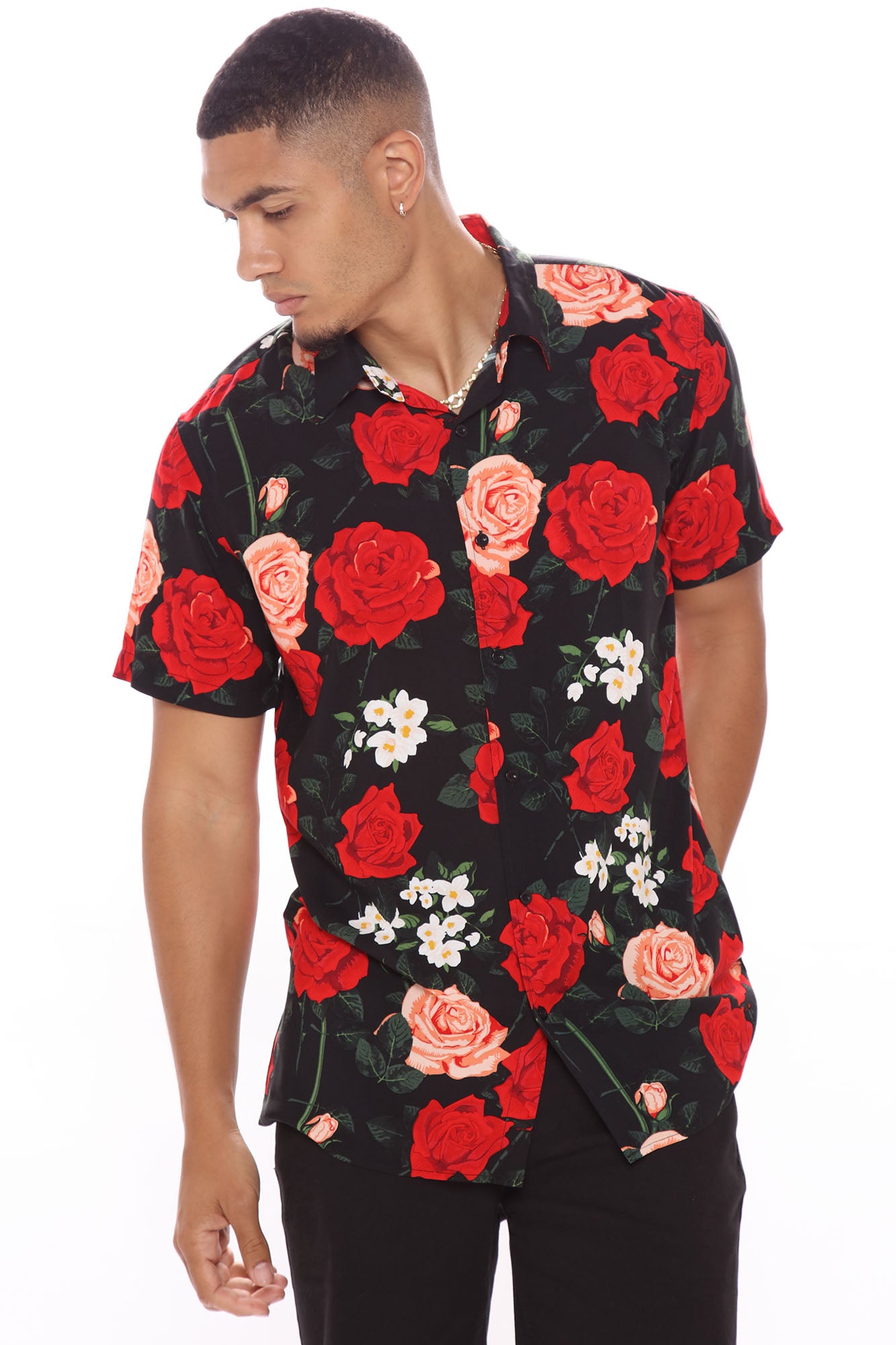 Rose Print Short Sleeve Woven Top - Black/combo