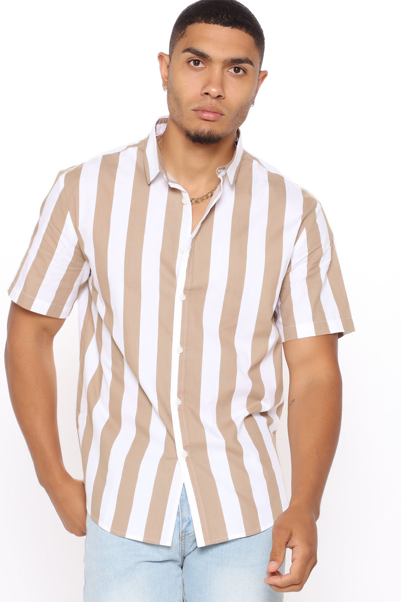 Free And Easy Vertical Striped Short Sleeve Woven Top - Khaki | Fashion ...