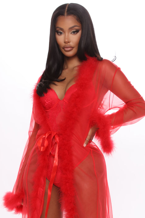 Softest Touch Extra Long Fluff Mesh Robe - Red