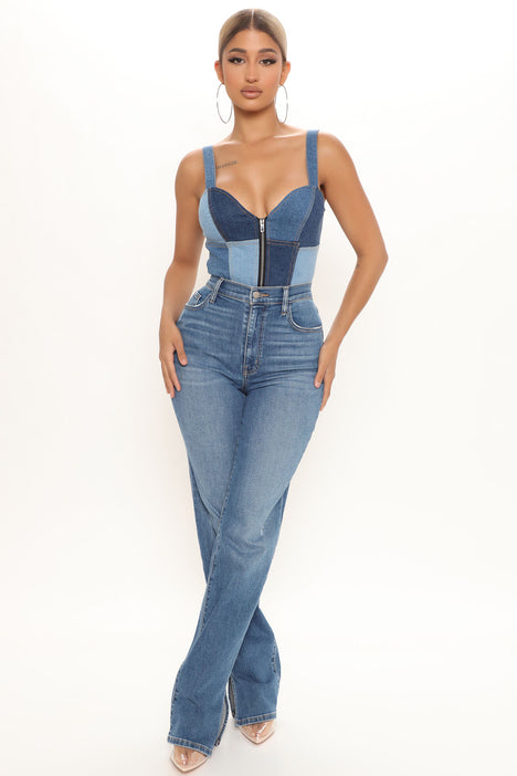 Elsie Rhinestone Denim Bodysuit - Medium Wash