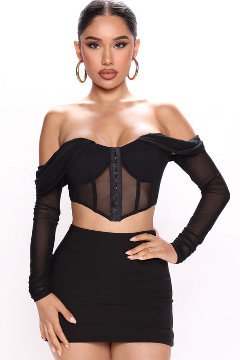 Black Sheer Sleeve Corset Top, Tops