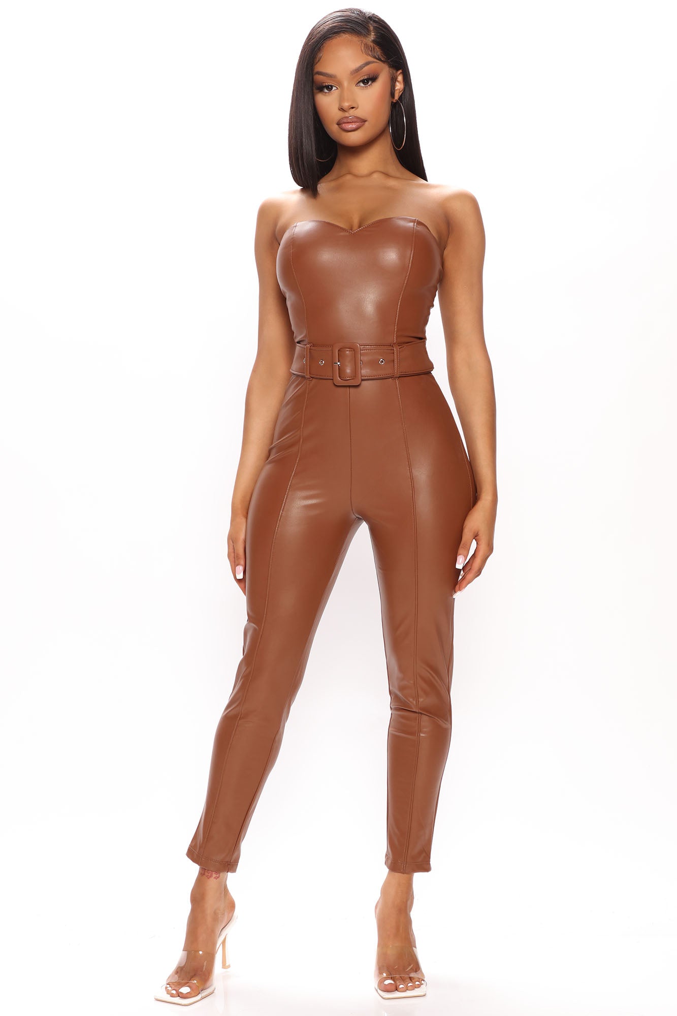Selah Strapless Wide Leg Vegan Leather Jumpsuit in Brown