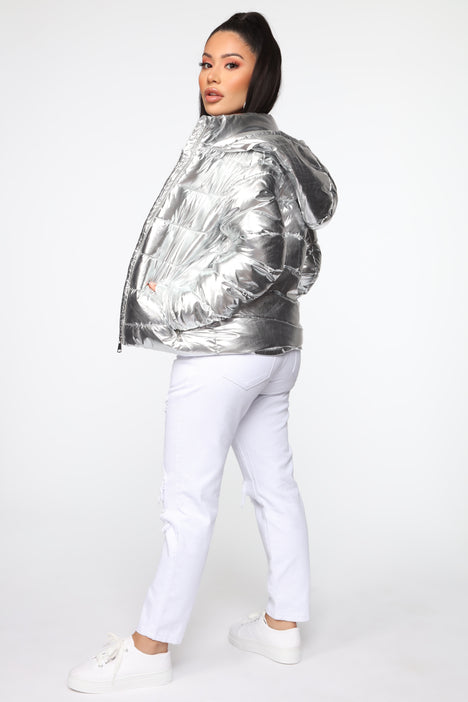Women's Taking Off Metallic Puffer Jacket in Silver Size Xs by Fashion Nova