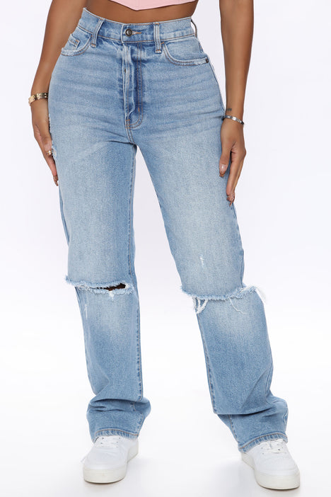 Petite Crossover Straight Leg Jeans - Light Blue Wash, Fashion Nova, Jeans