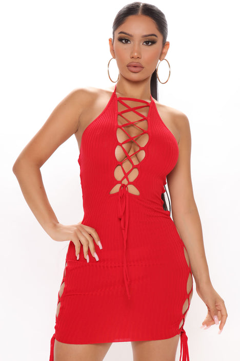 Women's Cold Hearted Ribbed Mini Dress - Red Size 1X (Fashion Nova)  FreeShipping