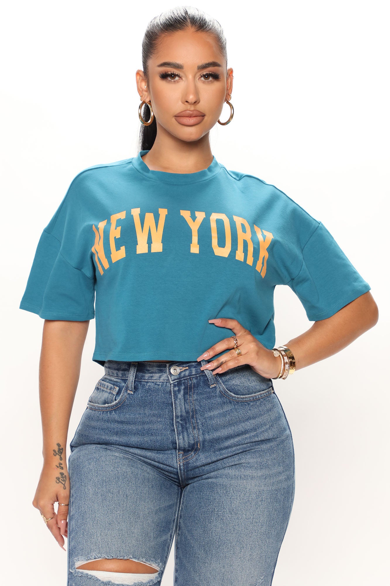 New York Cropped Tee - Teal, Fashion Nova, Screens Tops and Bottoms