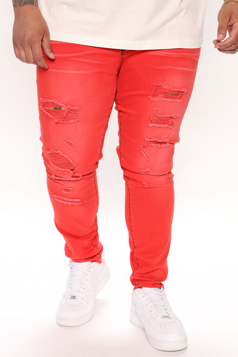 Distressed Fray Hem Skinny Jeans - Red
