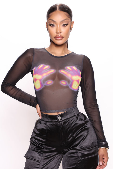  Mesh Crop Top Long Sleeve Sheer Tops For Women See Through  Shirt Black L