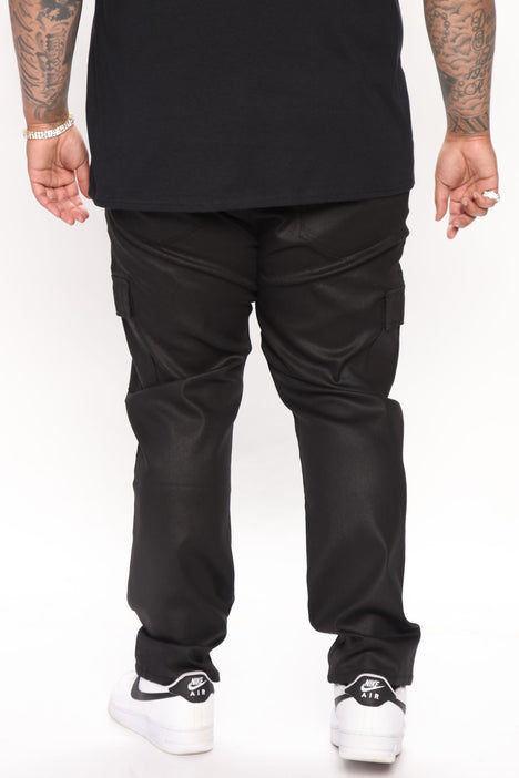 Flap Pockets Waxed Stacked Skinny Cargo Jeans - Black