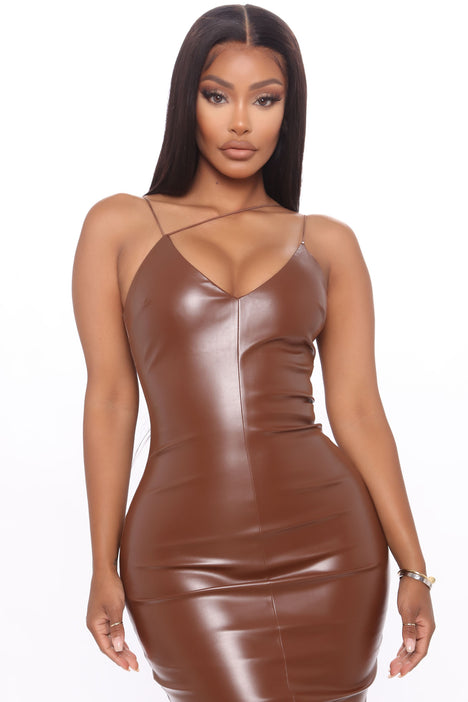 Dark Brown Bodycon Printed Faux Leather Dress