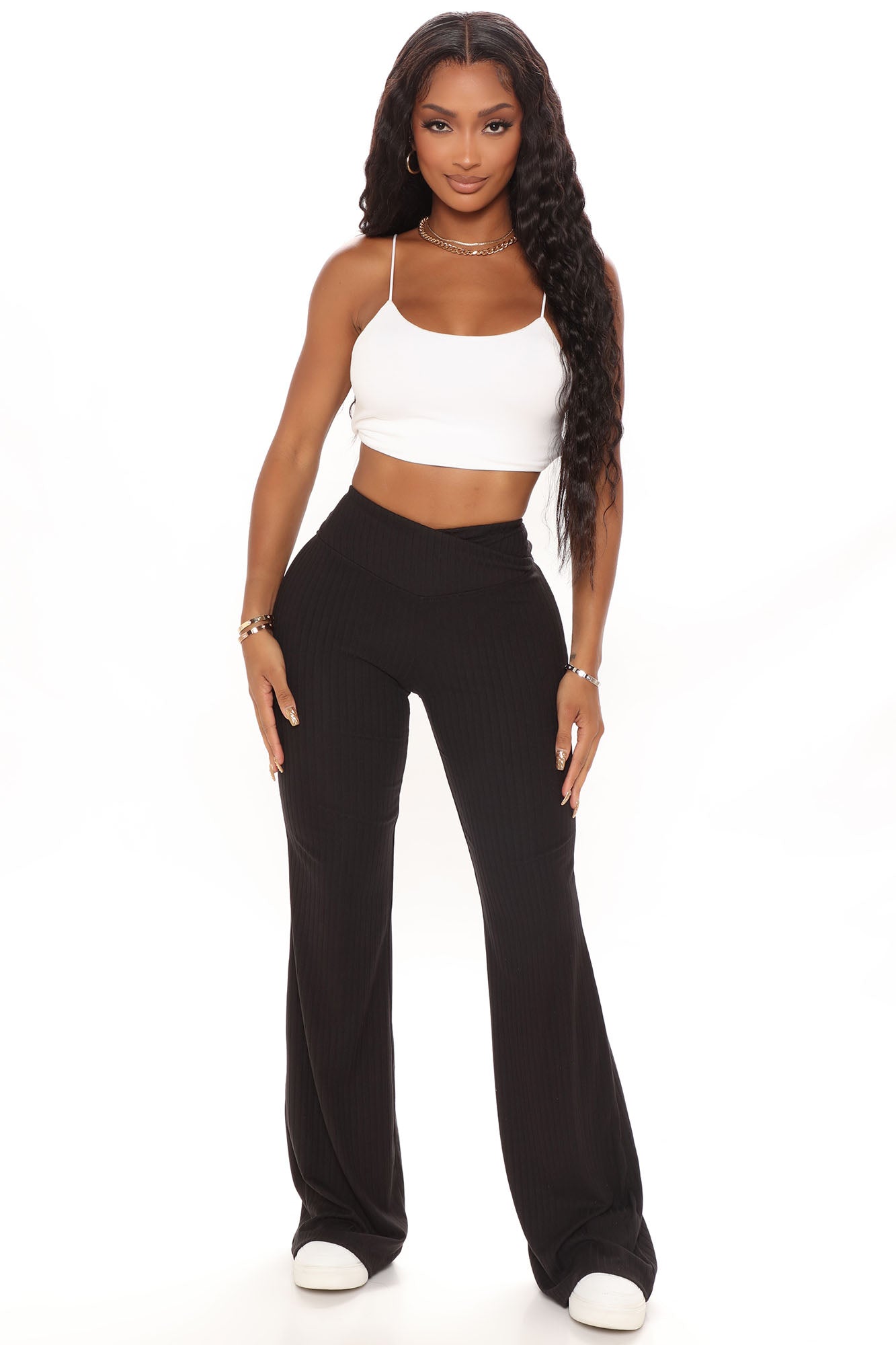 Beige ribbed flared pants and crop top set