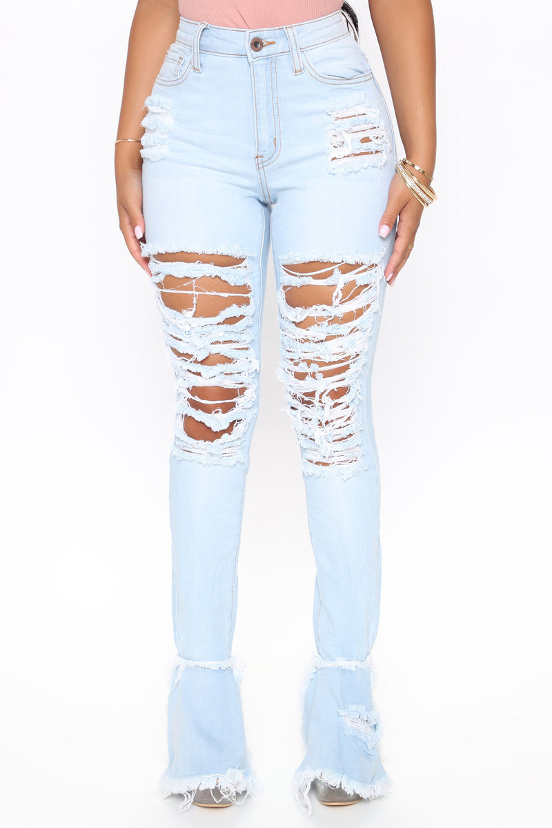 Fray What You Mean Flare Leg Jeans - Light Blue Wash | Fashion Nova ...