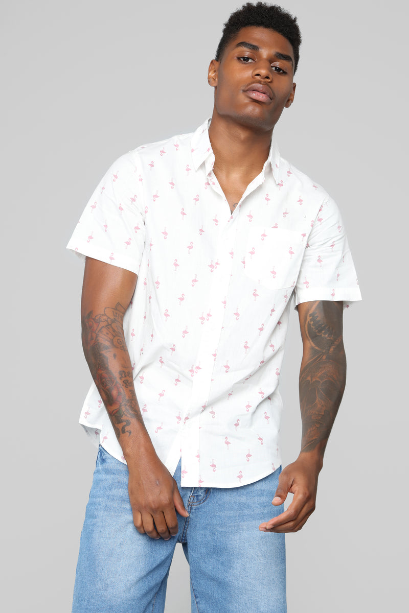 Flamingo Short Sleeve Woven Top - White | Fashion Nova, Mens Shirts ...