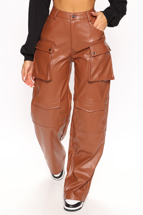 Break The Rules Faux Leather Cargo Pant 33 - Cognac | Fashion Nova