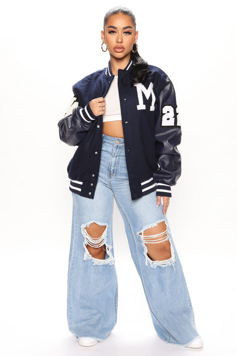 Mini in Session Fleece Varsity Jacket in Blue Size 14/16 by Fashion Nova