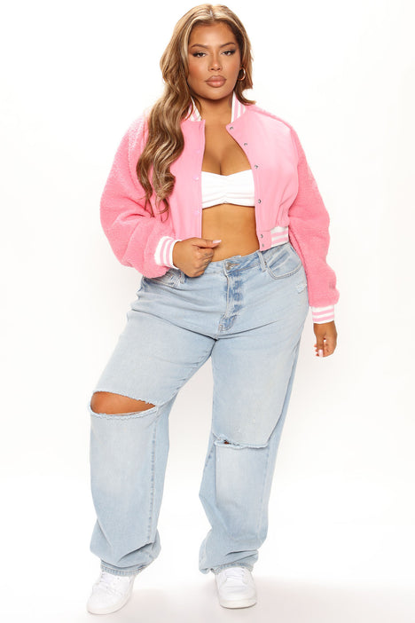 Women's Los Angeles Varsity Cropped Jacket with Hoodie | Love Moda Pink / 2x