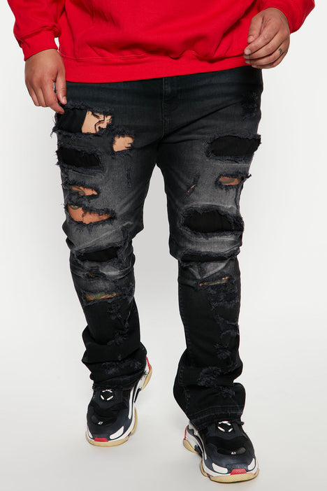Back Me Up Ripped Stacked Skinny Flared Jeans - Black Wash