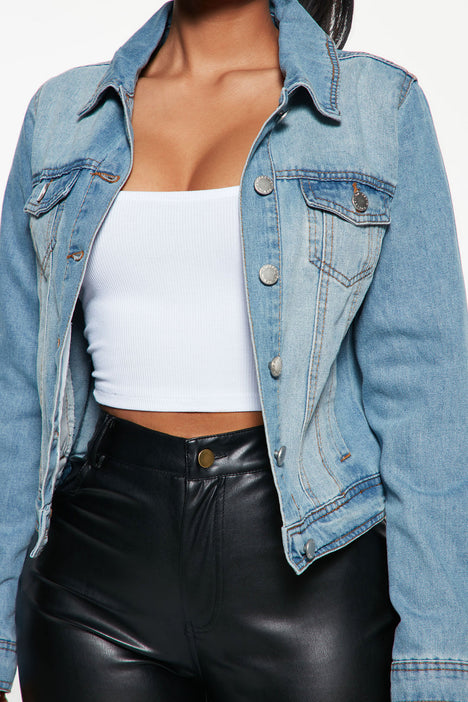 Get Real Faux Leather Denim Bomber Jacket - Medium Blue Wash, Fashion  Nova, Jackets & Coats