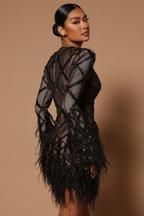 Izabelle Feather Mini Dress - Black