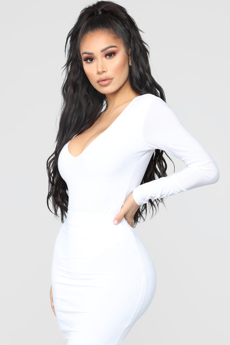 Lace V Neck Long Sleeve Body Suit With Snap Button-White – Mota Boutique