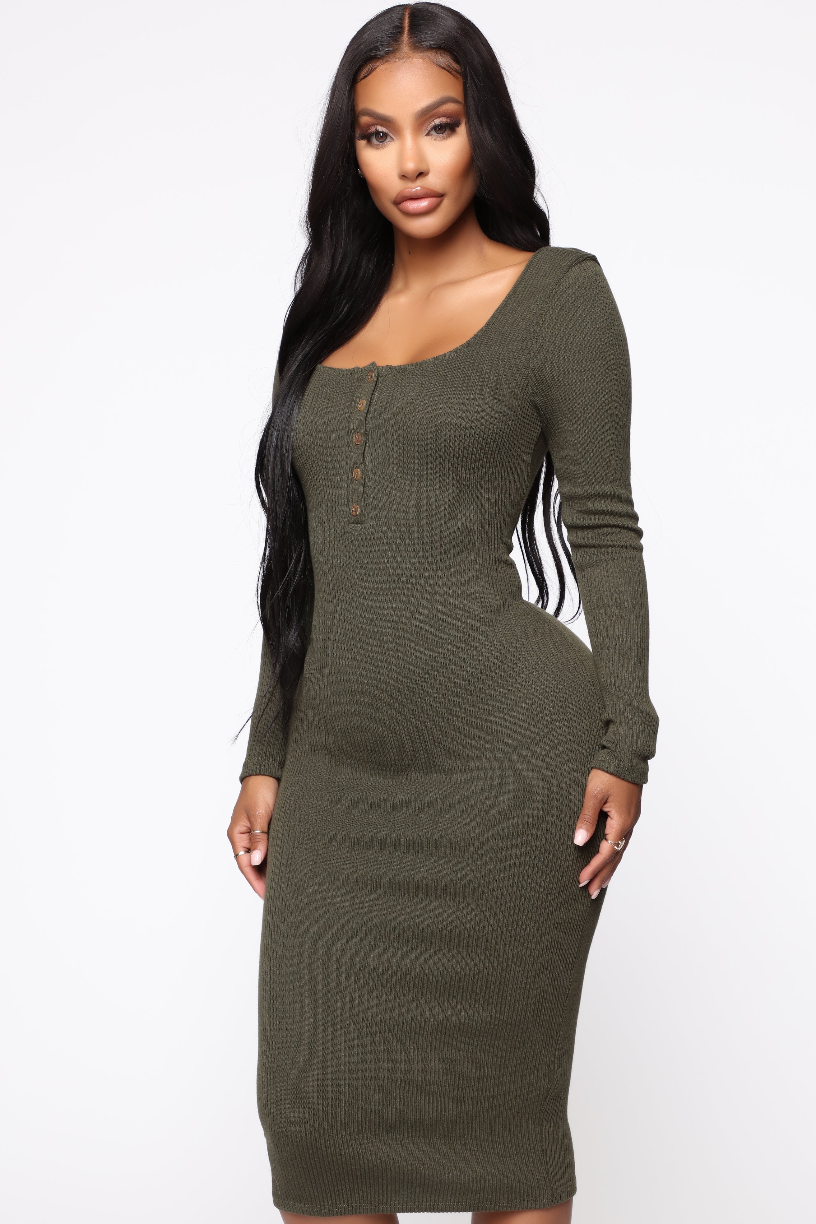 Squared Away Long Sleeve Body-Con Midi Dress