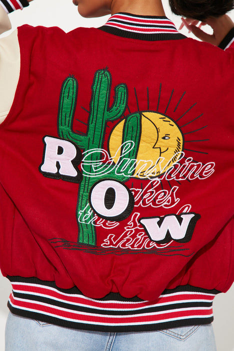 Sunshine Soul Varsity Jacket With Faux Leather Sleeves - Red