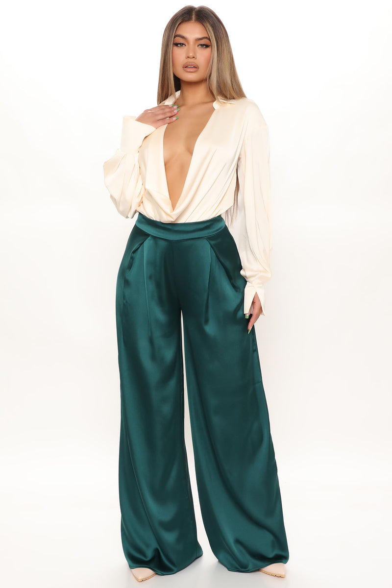 Make An Entrance Wide Leg Satin Pants 33 - Emerald | Fashion Nova ...