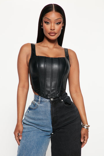 Women's Xena Faux Leather Corset Top in Black Size XS by Fashion Nova