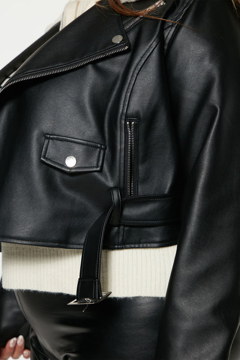 Women's Riding Passenger Faux Leather Jacket in Black/White Size Medium by Fashion Nova