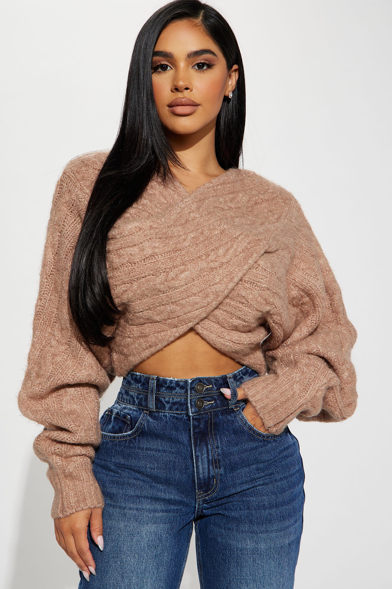 All Things Sweet Cable Knit Crossover Sweater - Mocha